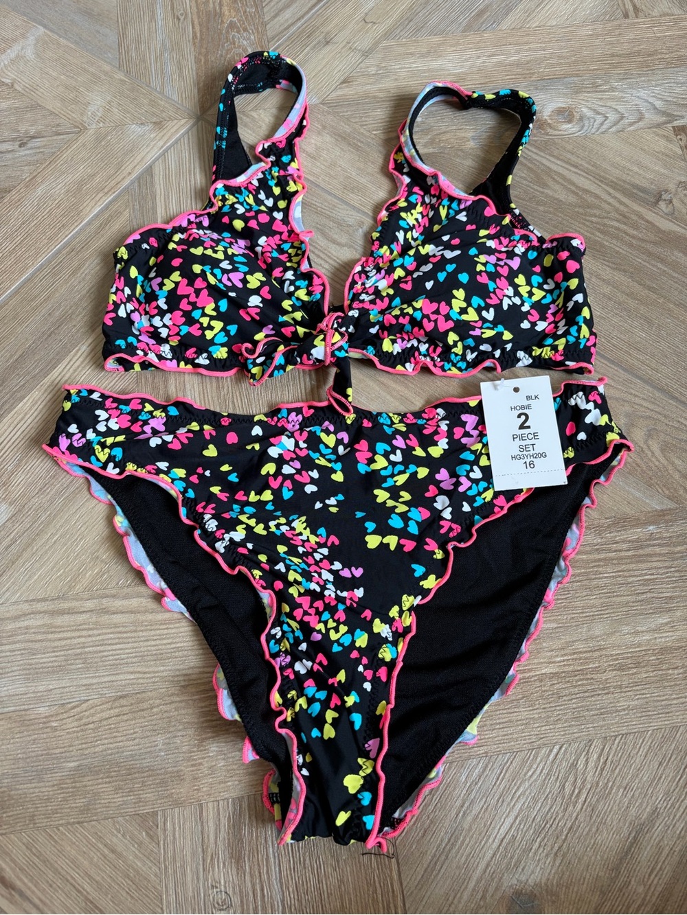Hobie Flounce Bralette Bikini Top Hipster Bottom Swimsuit Black Hearts A Flutter